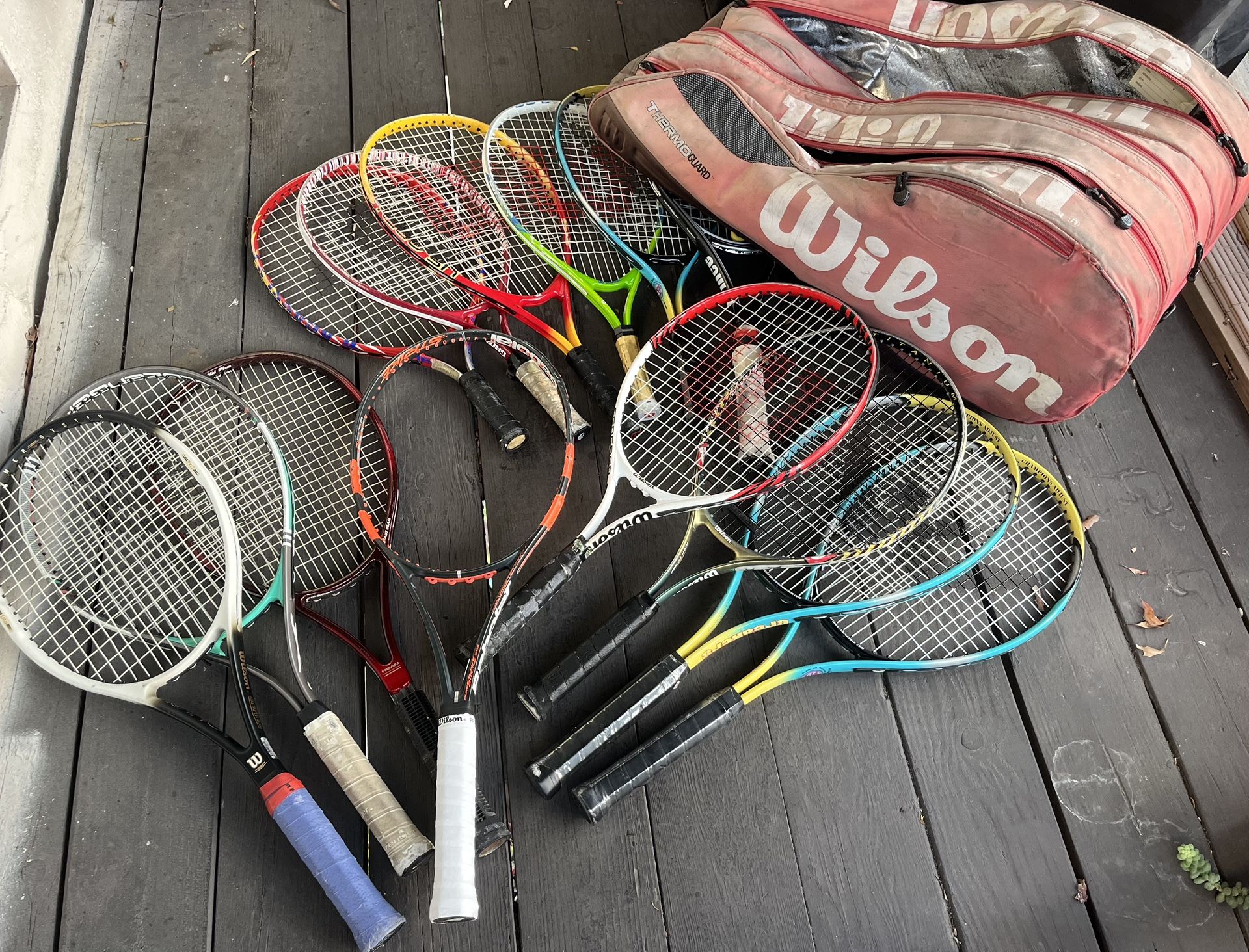 14 x Tennis Rackets : {Junior/Kids + Babolat Pure Strike) + Wilson X12 Tennis Bag (old)