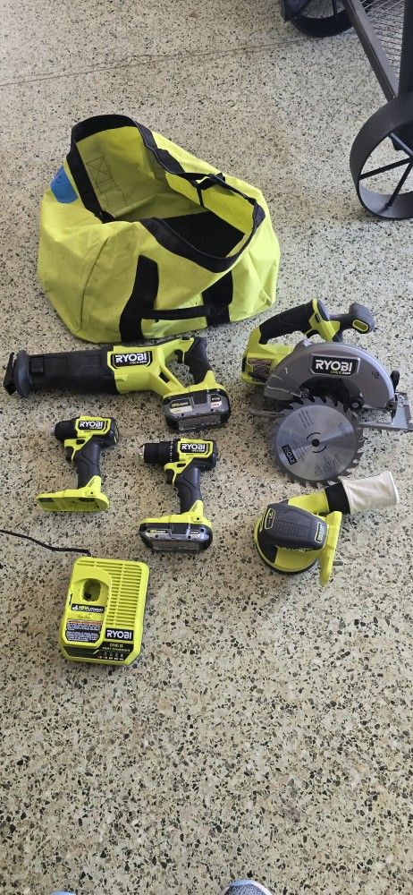 RYOBI 18V BRUSHLESS HP KIT COMES WITH CIRCULAR SAW SAWZAW DEILL AND IMPACT AND ROUND SANDER WITH 4AH AND 2.0 BATTERY AND FAST CHARGER 230$