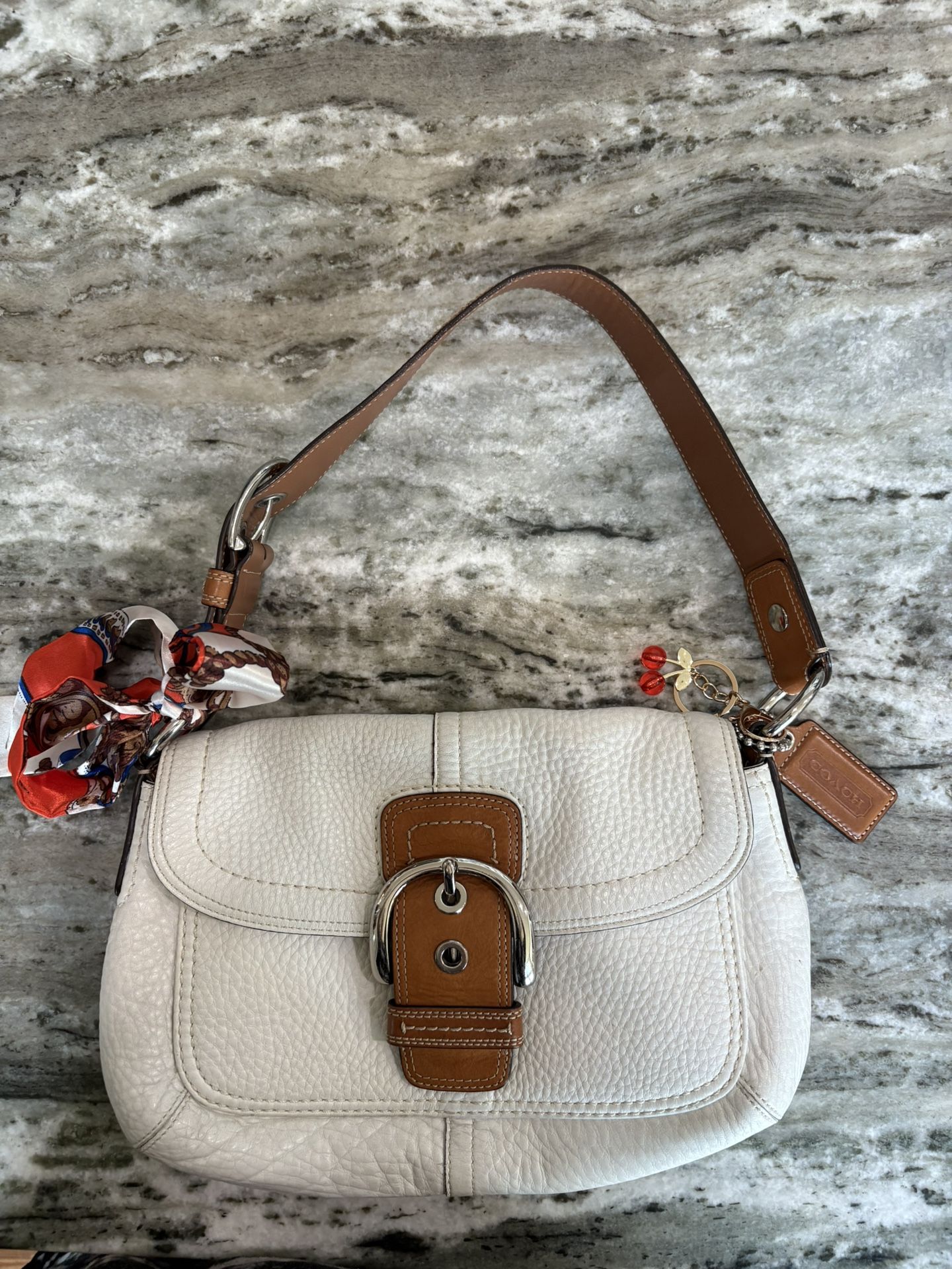 Coach Hampton Soho Satchel Purse in Ivory Saddle Leather.