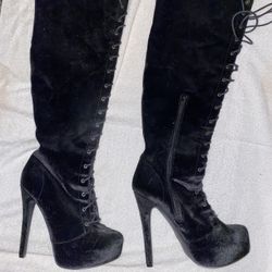 High Heel Velvet Lace Up Boots 