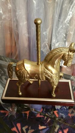 Brass Carousel Horse On Hardwood Base With Inset.