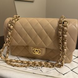 Chanel Classic Small Caviar Beige With Gold Chain