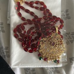 Beads Necklace Maroon Color With Pendant 
