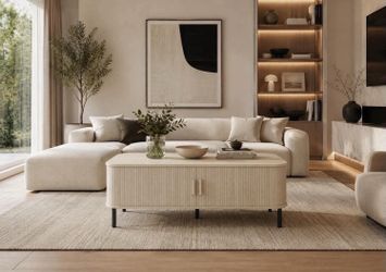 47.2 Inch Mid Century Modern Coffee Table  with Sliding Tambour Door , Natural White I-26