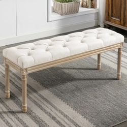 44" Bedroom Bench, Fabric End of Bed Bench, Upholstered French Tufted Ottoman Bench with Carved Wood Legs for Bedroom End of Double Full Queen Size Be