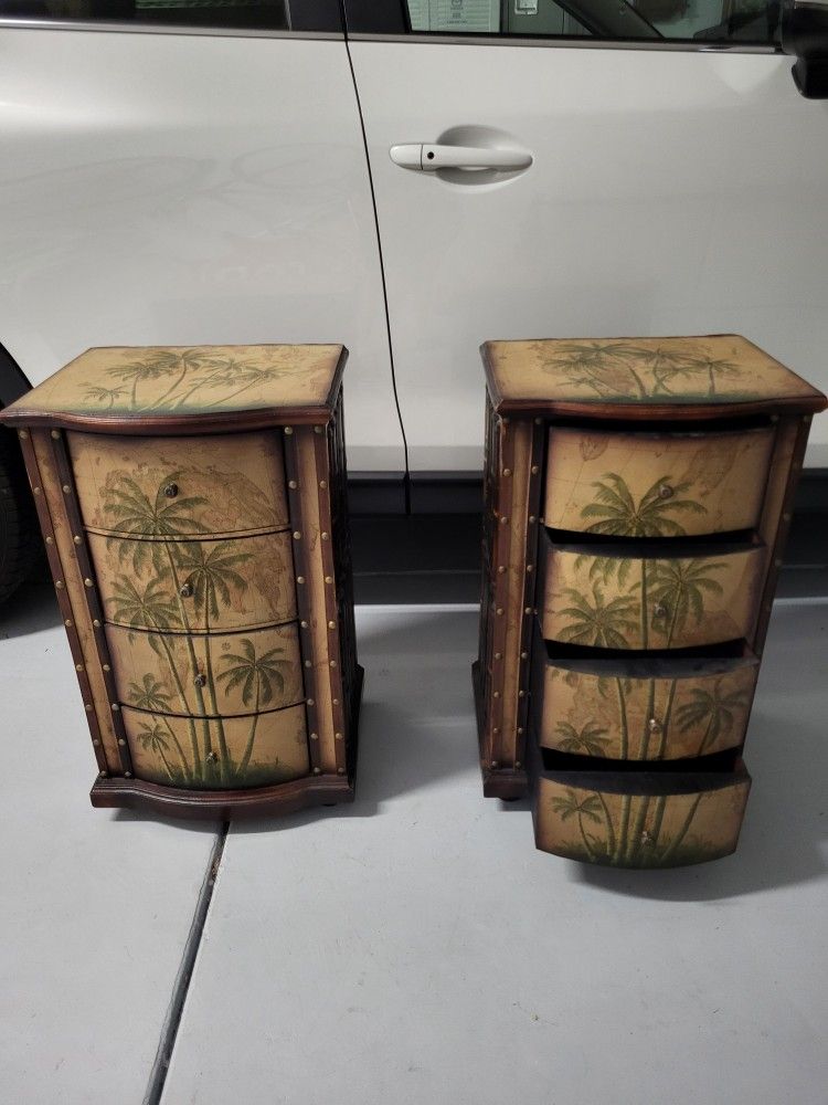 End Tables w/four drawers, wood & a palm tree pattern. Both sides made to look like book shelves.