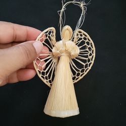 Vintage Abaca Praying Angel Christmas Ornament Handmade Raffia Straw Corn Husk