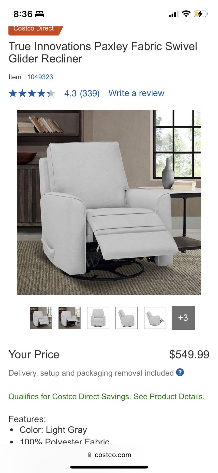 True Innovations Paxley Fabric Swivel Glider Recliner for Sale in