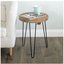 WELLAND Rustic Old Elm Wood Round End Table with 3-Leg Metal Stand Lot Of 2