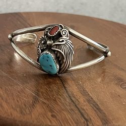 Sterling Silver 925 Turquoise Coral Navajo Native American Cuff Bracelet 
