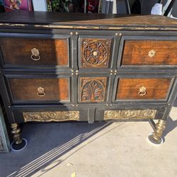 Vintage Landstrom Furniture Carved Wood Dresser Cabinet Black & Brown