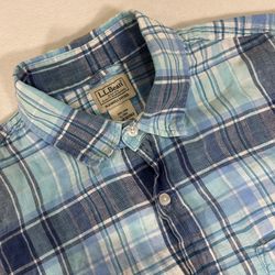LL Bean Mens Large Tall Blue Plaid 100% Linen Short Sleeve Slightly Fitted Shirt