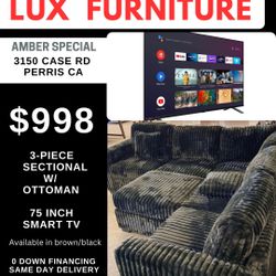3 PC Corduroy Sectional Sofa + 75 Inch Smart TV = $998 - Pick UP/Can Delivery 🚚 📦