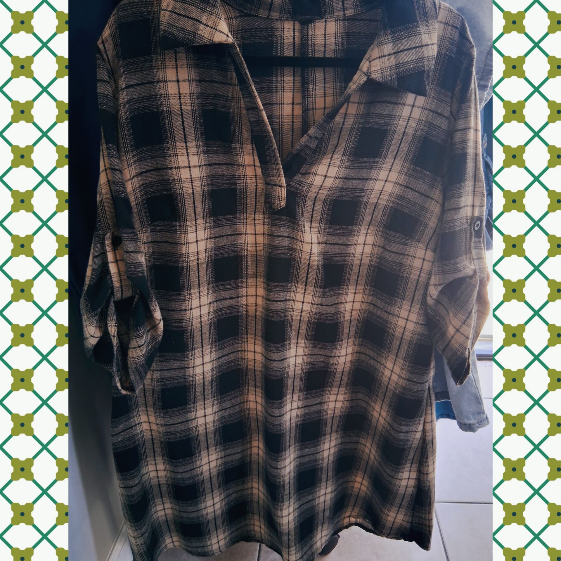 Black Tan Plaid Roll-Tab Sleeve Shirt
