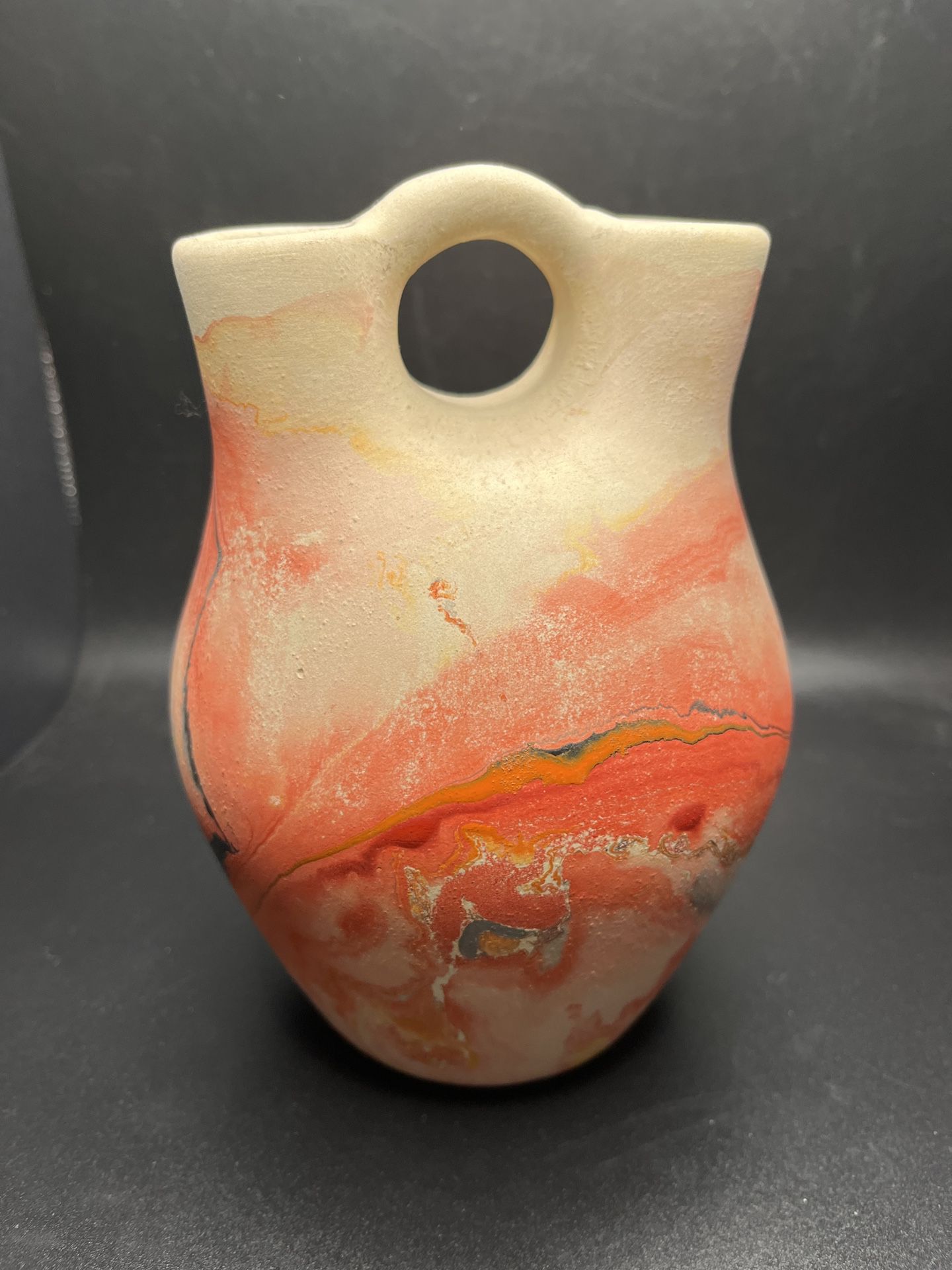 Vintage Nemadji Pottery Red Swirl Wedding Jar Vase Double Spout