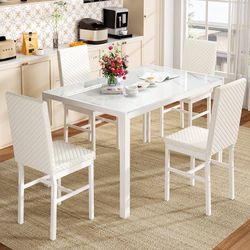 5-Piece Glass Dining Room Table Set for 4, Modern White Kitchen Table with PU Leather Chairs, Ideal for Small Spaces and Apartments