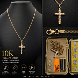 10K Yellow Gold Cuban Link Chain 22” 2mm w/ Jesus Cross Pendant Solid Gold Necklace Lobster Clasp