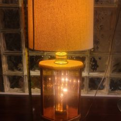 Vintage 70’s Oak & Brass Table Lamp, 3-Way, Etched, Beveled, Smoked Glass Oval 