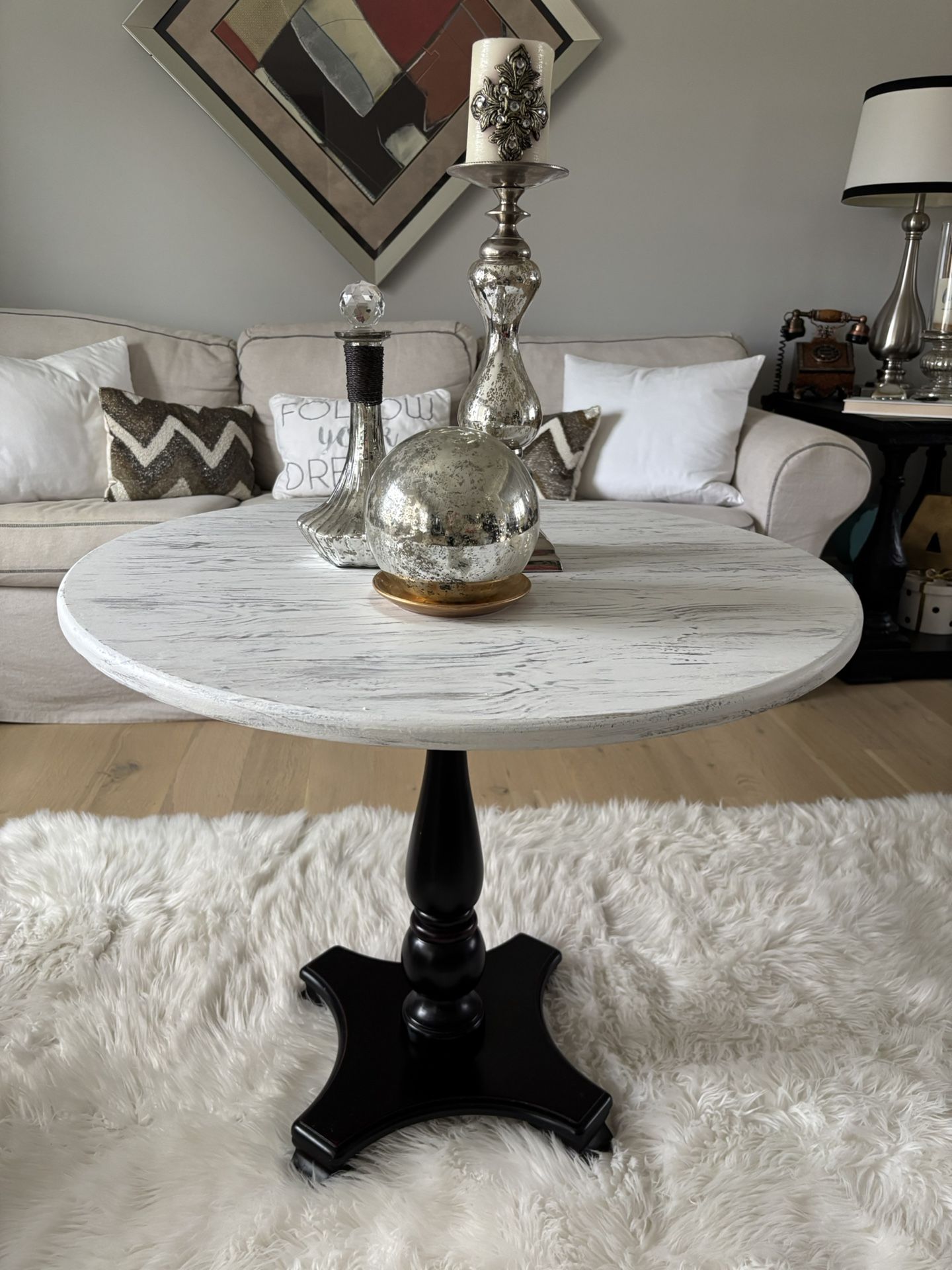 Hervey French Country Round Pedestal Coffee Table – Distressed White Top & Black Base 