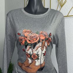 Gray Long- Sleeve Western Theme Shirt 