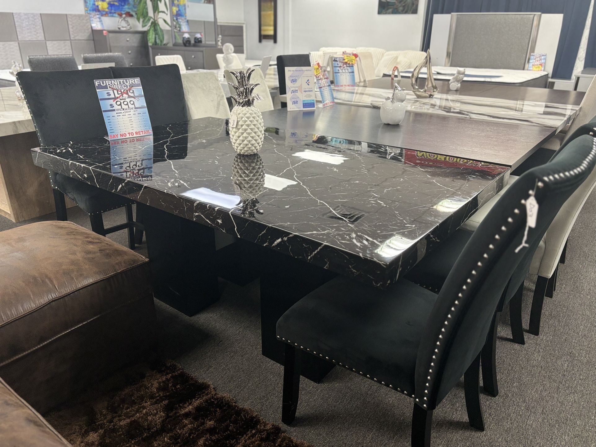 Black Top Marbled Style Dining Table W/ Sturdy Black Base & FREE MICROFIBER CHAIRS For Sale!