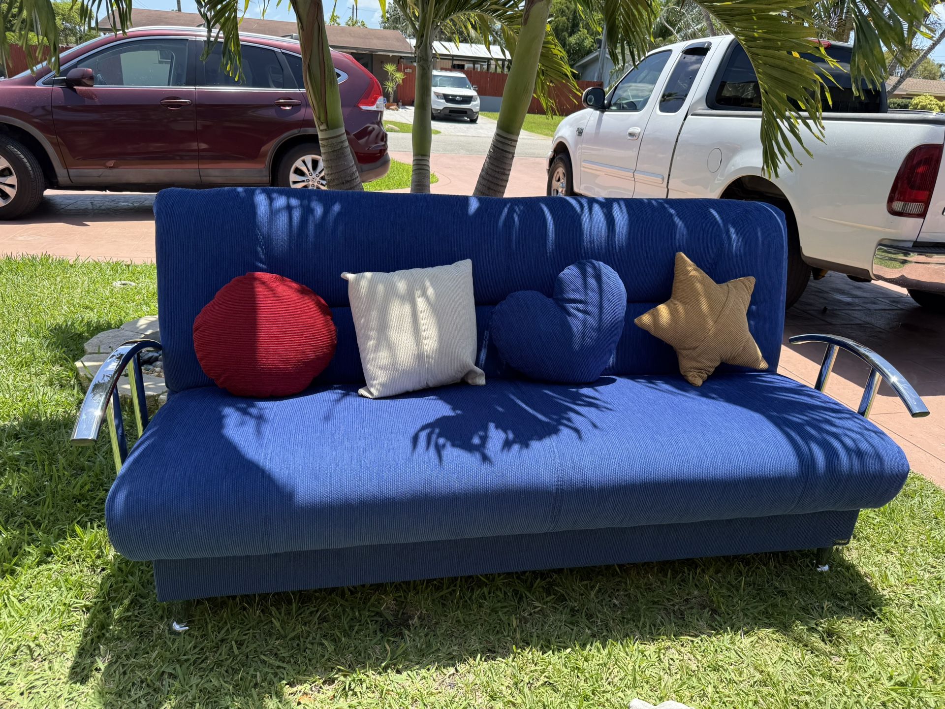 PENDING SALE! Istikbal Sleeper Sofa w/Chrome Arms, Storage,(4) Throw Pillows, Blue Corduroy Fabric