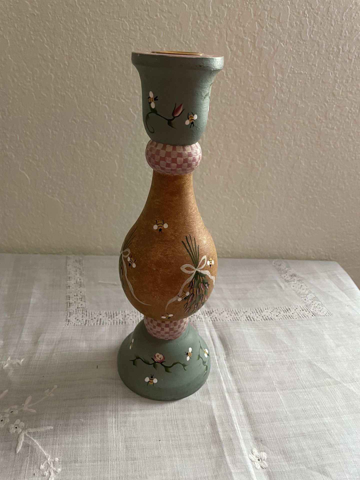 9.5” bees wood candle holder