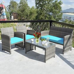 4 PSC Furniture Set Conversation Glass Table Top Sofa Cushioned Navy
