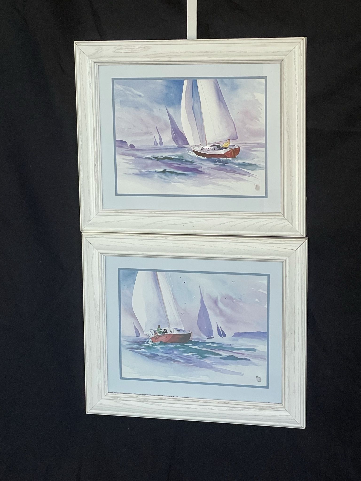 Pair Of Nautical Sailing Wall Art Decor In White Washed Wood Frames W12”x10”