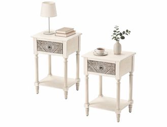 White Nightstand Set of 2 with Carved Drawer