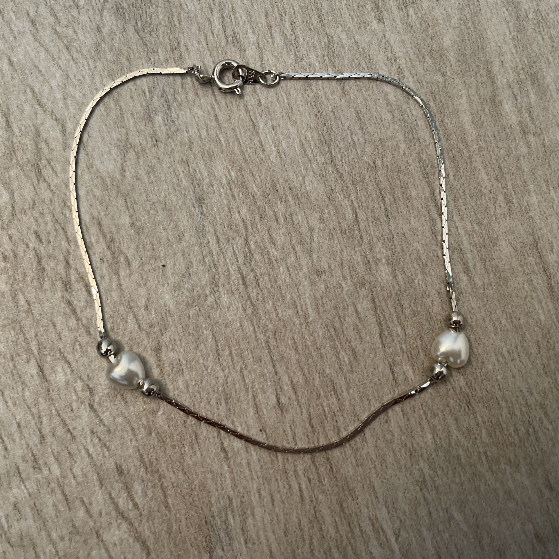 Vintage Silver Tone Cobra Chain Beaded Heart Anklet