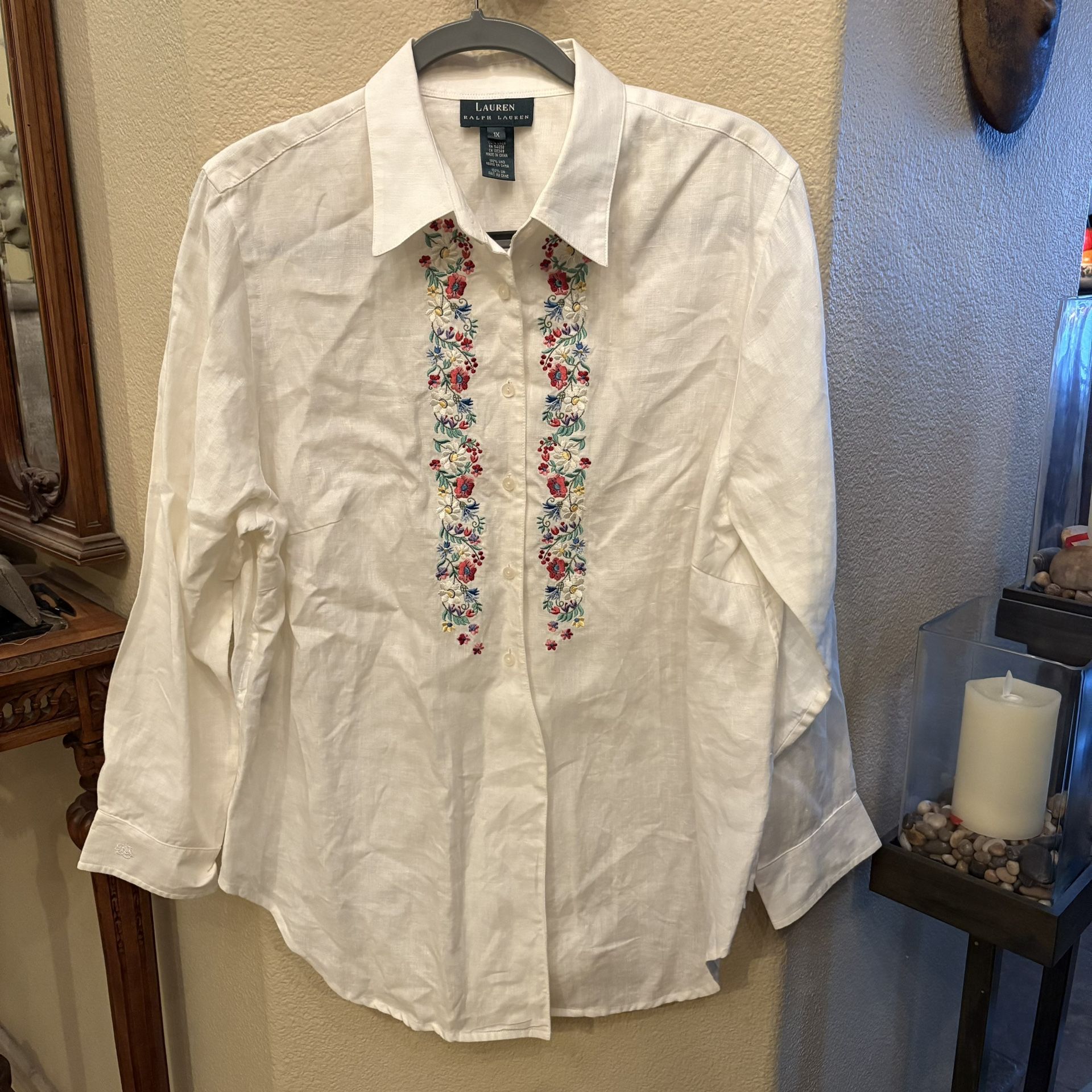 Vintage Lauren Ralph Lauren White White 100% Linen Floral Embroidery Shirt 1X