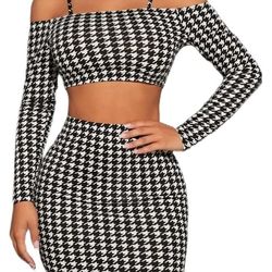 Black and White Plaid 2piece Long Sleeve Skirt