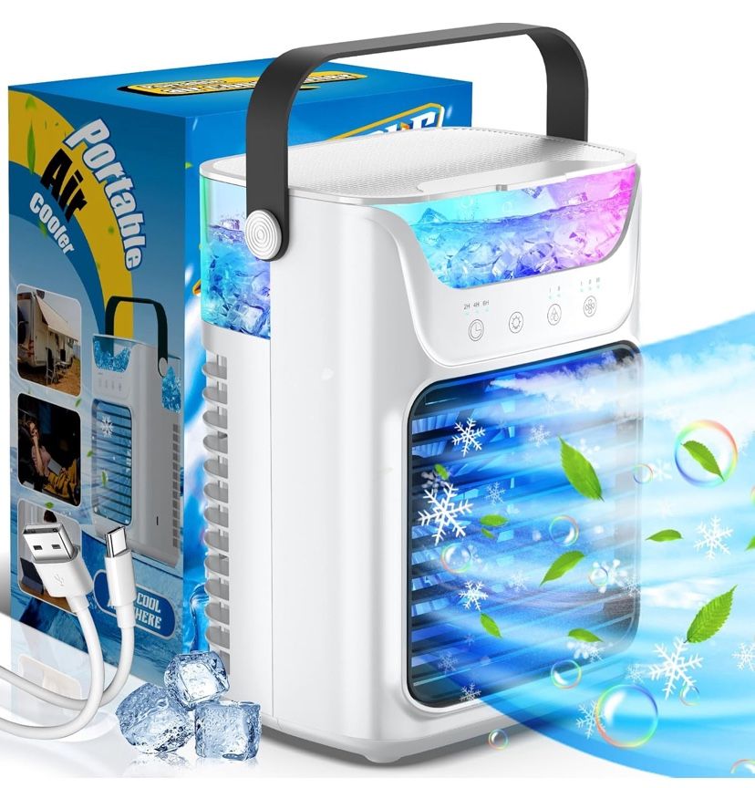 Portable Air Conditioners, 3 Wind Speeds & 7 LED Lights Evaporative Personal Air Cooler, 4 in 1 Portable AC with 650 mL Large Water Tank, Mini Air Con