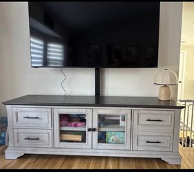 Whitewash TV Stand with Glass Door Cabinet