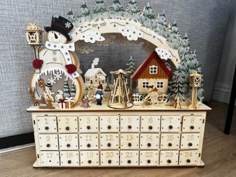 Wooden Christmas Advent Calendar with LED Lights & Drawers