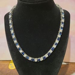 Round Sapphire Blue & Cubic Zirconia Silverplated Eternity Necklace 17" F9
