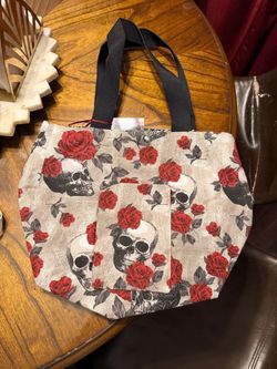 Handmade Gothic Skull & Rose Canvas Tote Bag with Pockets (16x12)