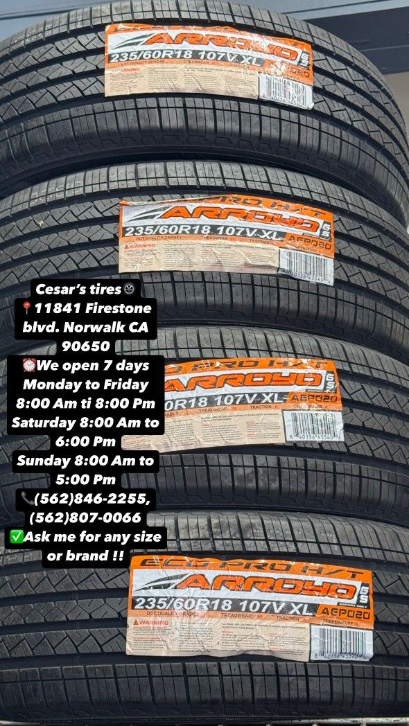 235/60R18 ARROYO A SET OF FOUR NEW TIRES, INCLUDES MOUNTING AND BALANCING WITH WARRANTY, ASK  ME FOR ANY SIZE OR BRAND, WE HAVE THE BEST PRICES!!