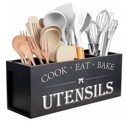 Extra Large Kitchen Utensils Holder with 4 Compartments, Wooden Utensil Organizer for Countertop, Farmhouse Kitchen Decor, Rustic Cooking Utensil 