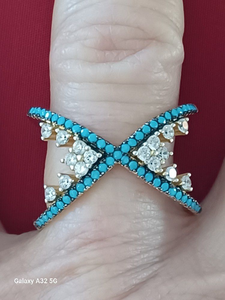 Sterling Silver Gold Vermeil Cz& Turquoise Crisscross Ring- Sz8