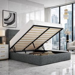 Queen Size Lift Up Storage Bed, Modern Wingback , Dark Grey W-26