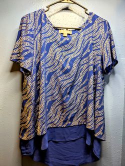 Michael Kors women's L royal blue metallic chain print layered flowy blouse