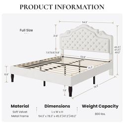Full Size Bed Frame with Adjustable Headboard/Velvet Upholstered/Diamond Button Tufted and Metal Studs/No Box Spring Needed/Sturdy Wood Slat Support/E