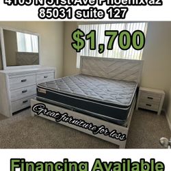 King Size Bedroom Set Include Bed Frame Dresser Mirror Nigstand Pillow Top Mattress And Boxspring Brand New