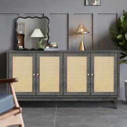 ORRD Rattan Sideboard with 4 Doors, Handcrafted Storage Cabinet with Adjustable Shelves, Modern Console Table,Dark Grey