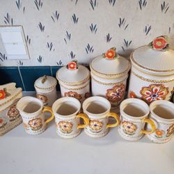 vintage 1970s ceramic kitchen canister and mug set,