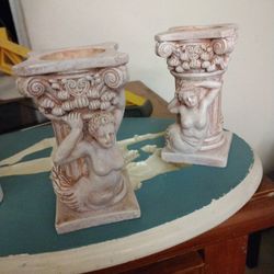 Roman Column Stone Mermaid Candle Holders