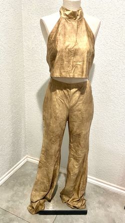 New Women Gold Metallic Two-Piece Crop Top and Pants Set