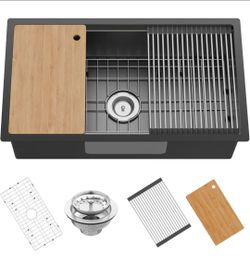 FAUENPEEY
 32x18 Black Stainless Steel Kitchen Sink Workstation,Undermount,Single Bowl
Kitchen Sink Set, Built-in Ledge For Placing/Sliding Cutting Bo